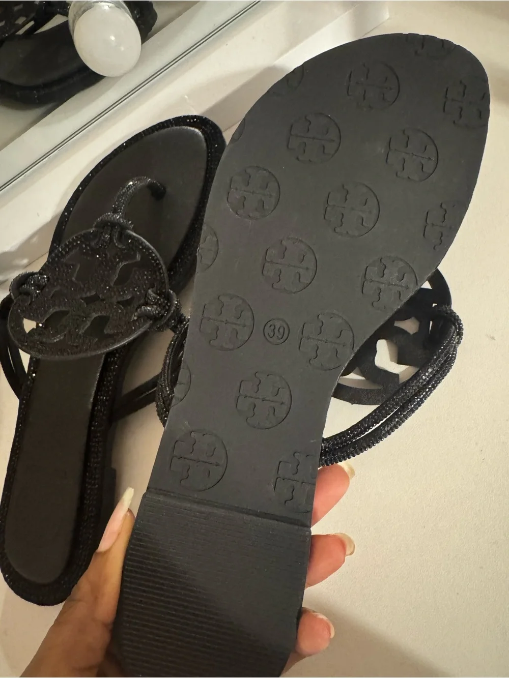 Tory Burch Black Sparkle Logo Toe-Post Sandals